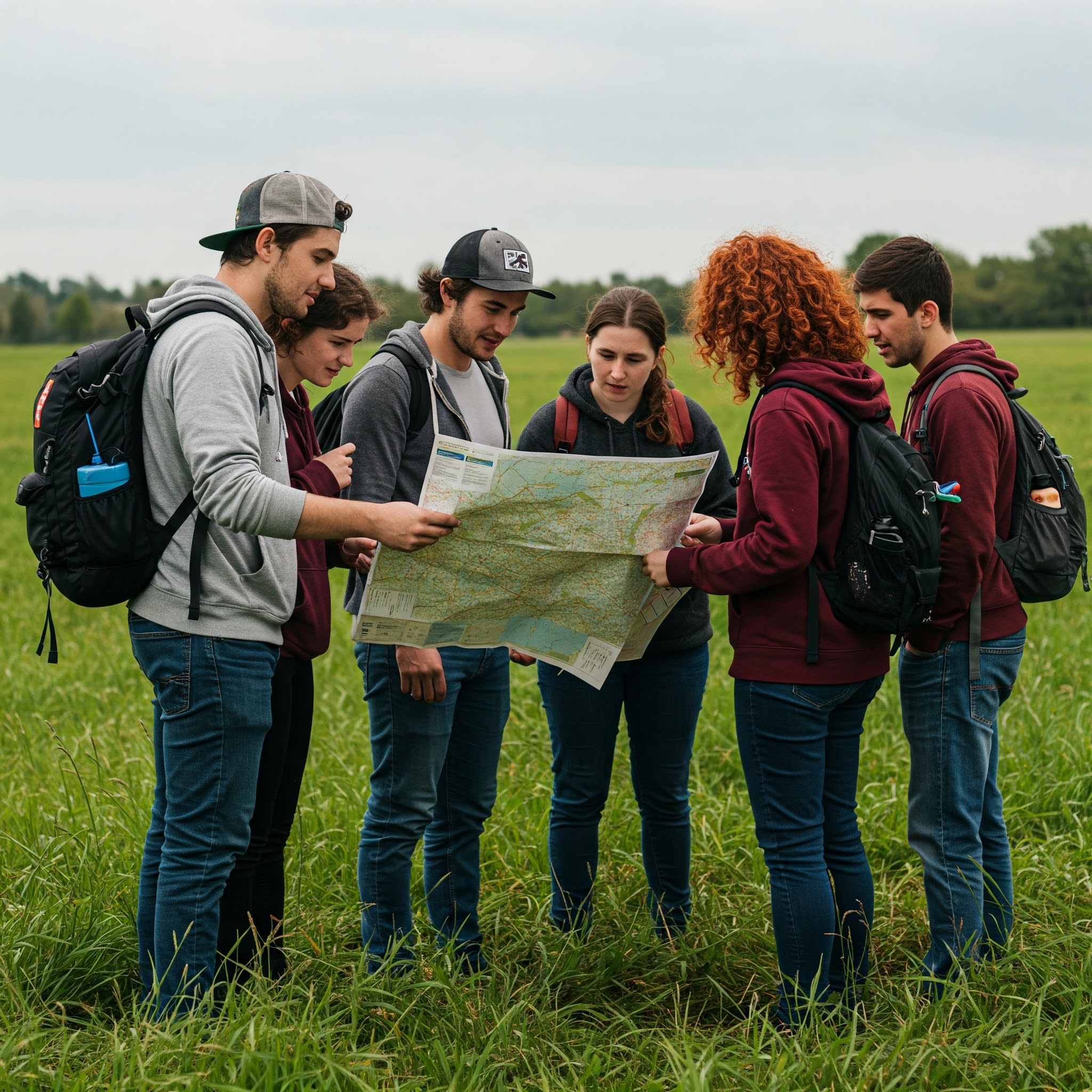 Conjunto de jovens em cima de relva verde a consultar um mapa