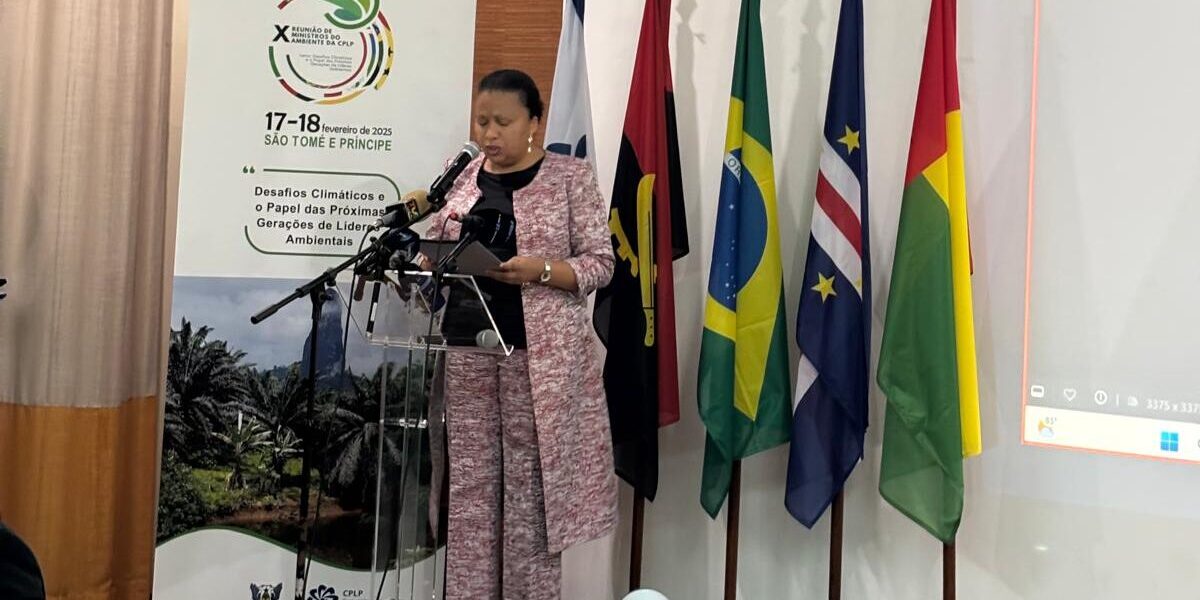 Imagem de uma participante da conferência a discursar.